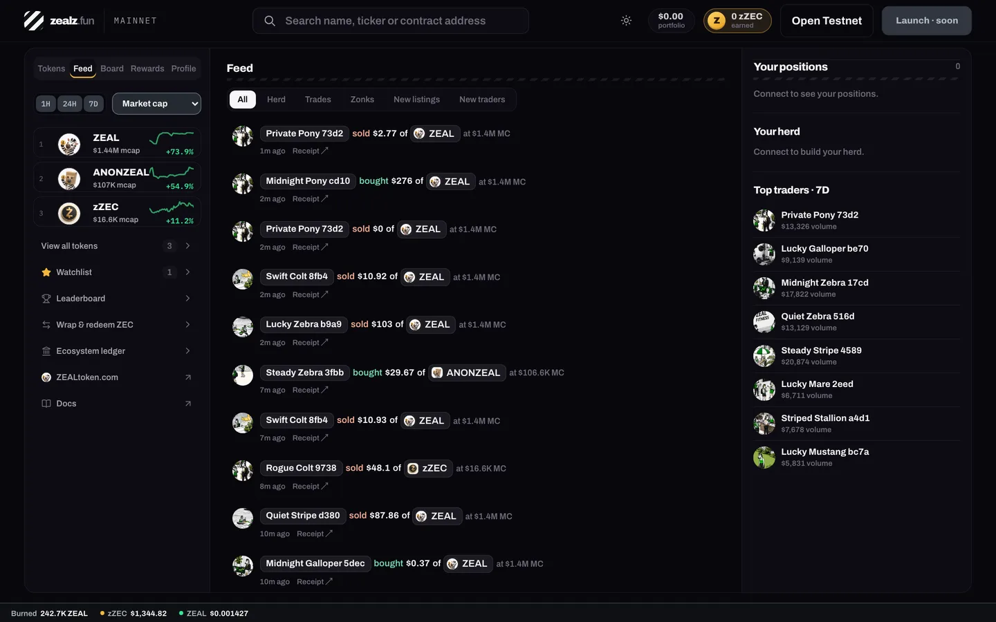 The zealz.fun terminal: token list, live feed of trades and top traders
